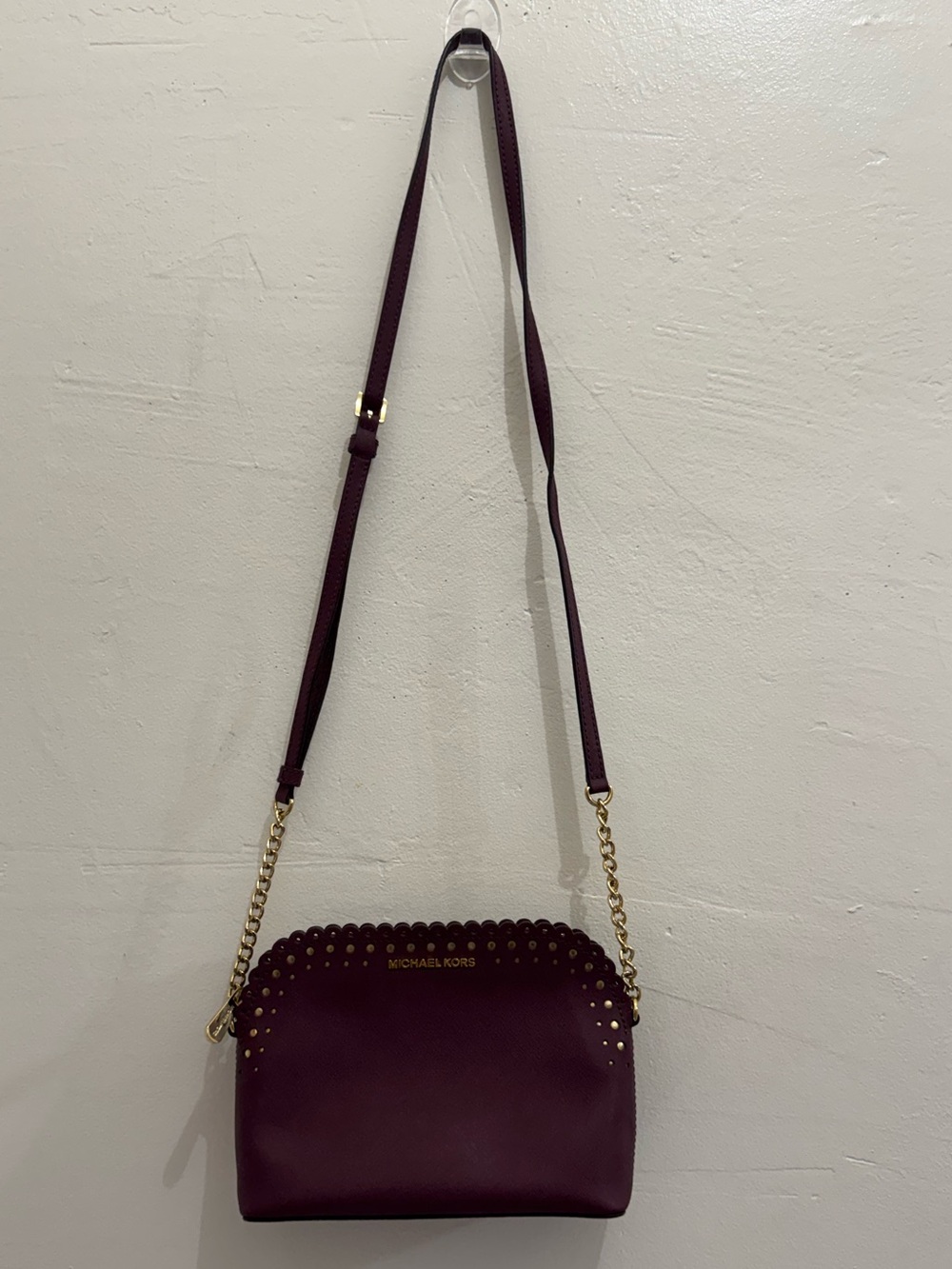 Michael Kors Cindy Large Dome Scalloped Studded Crossbody Bag – Plum / Wine